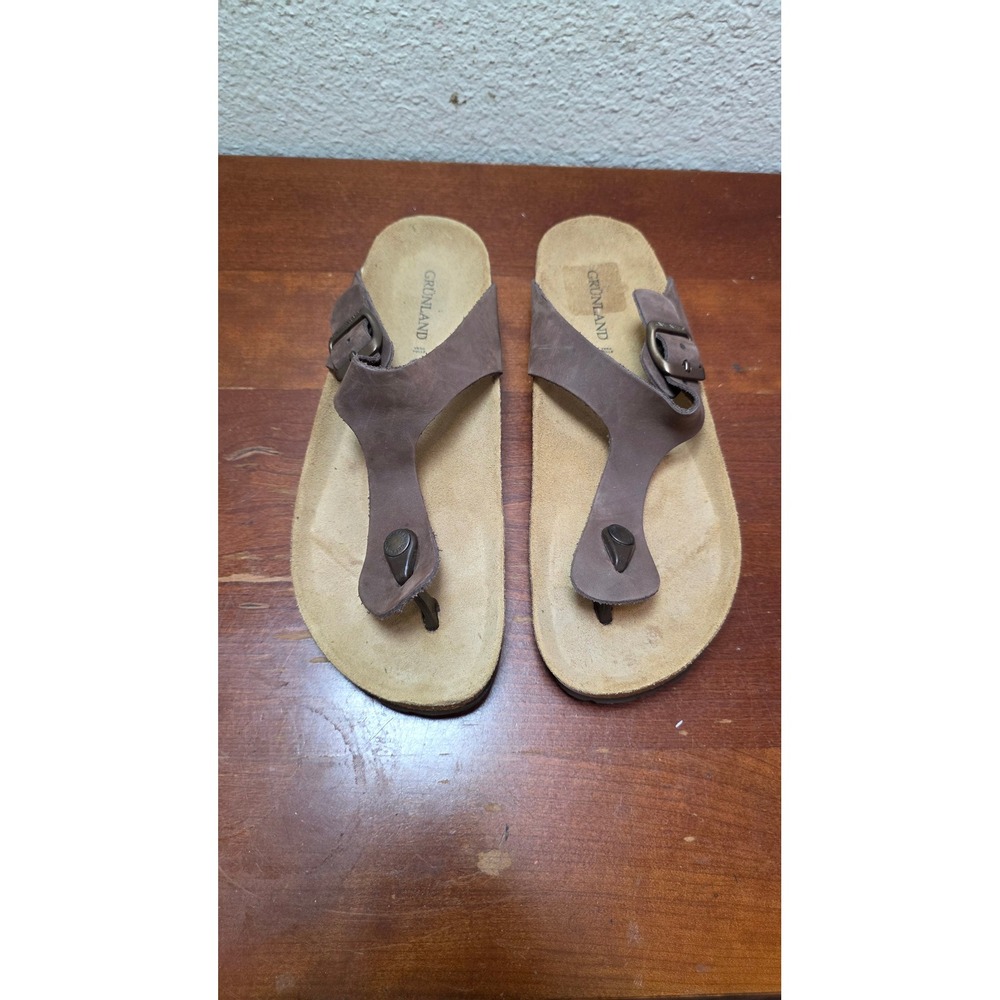 Grunland Leather Thong Sandals Womens 38 Brown‎ Cork Footbed Made in Spain